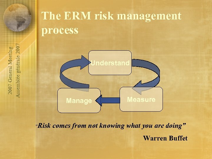 2007 General Meeting Assemblée générale 2007 The ERM risk management process Understand Manage “Risk