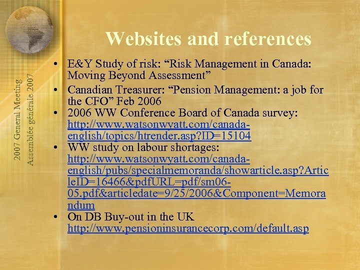 2007 General Meeting Assemblée générale 2007 Websites and references • E&Y Study of risk: