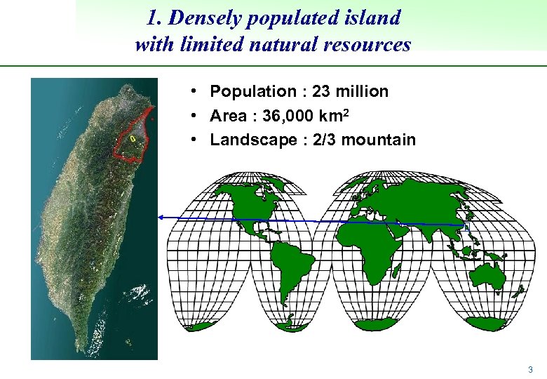 1. Densely populated island with limited natural resources • Population : 23 million •