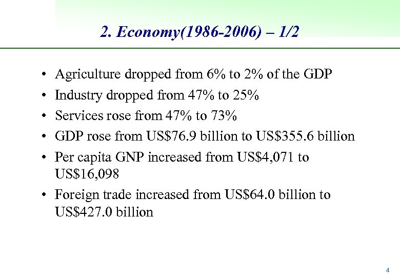 2. Economy(1986 -2006) – 1/2 • • • Agriculture dropped from 6% to 2%