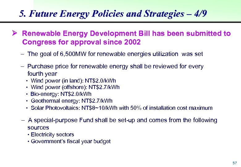 5. Future Energy Policies and Strategies – 4/9 Renewable Energy Development Bill has been