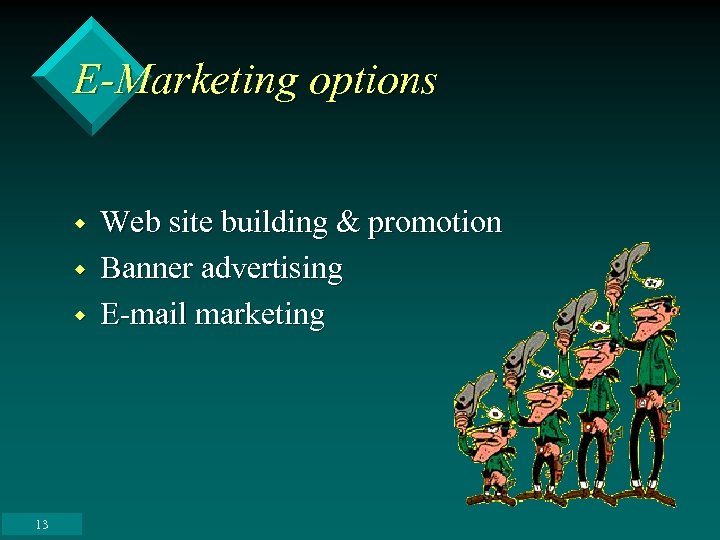 E-Marketing options w w w 13 Web site building & promotion Banner advertising E-mail