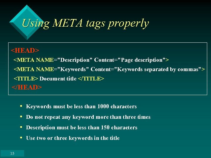 Using META tags properly <HEAD> <META NAME="Description" Content="Page description"> <META NAME="Keywords" Content="Keywords separated by