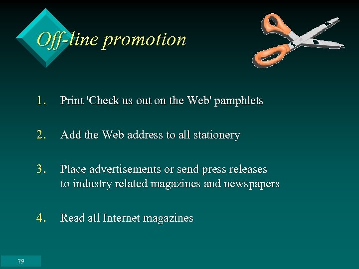 Off-line promotion 1. 2. Add the Web address to all stationery 3. Place advertisements