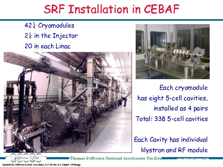 SRF Installation in CEBAF 42¼ Cryomodules 2¼ in the Injector 20 in each Linac