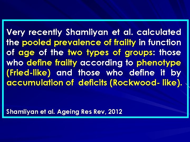 Very recently Shamliyan et al. calculated the pooled prevalence of frailty in function of