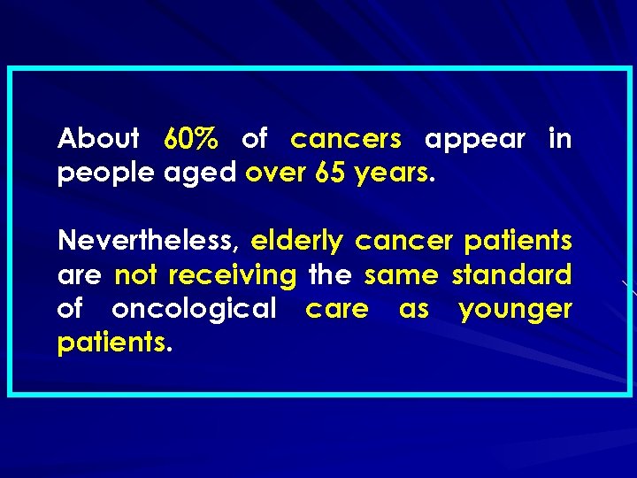 About 60% of cancers appear in people aged over 65 years. Nevertheless, elderly cancer
