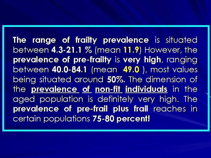 The range of frailty prevalence is situated between 4. 3 -21. 1 % (mean