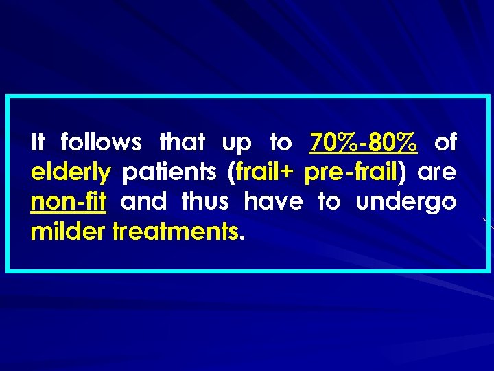 It follows that up to 70%-80% of elderly patients (frail+ pre-frail) are non-fit and