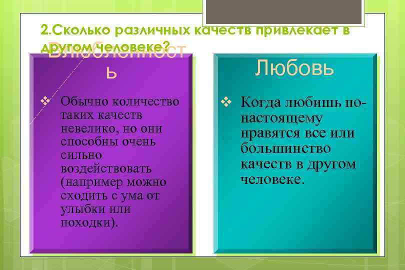 2. Сколько различных качеств привлекает в другом человеке? Влюбленност ь Любовь v Обычно количество