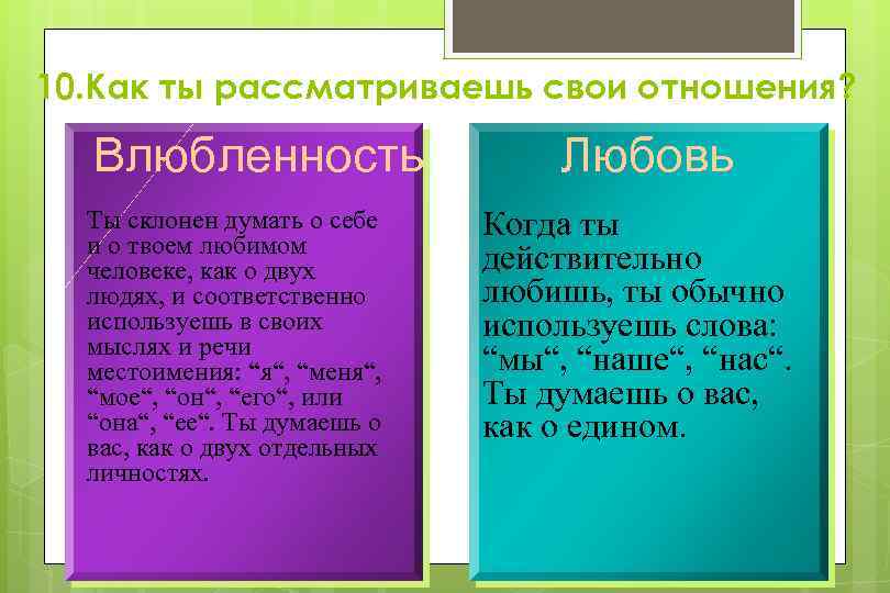 10. Как ты рассматриваешь свои отношения? Влюбленность Ты склонен думать о себе и о