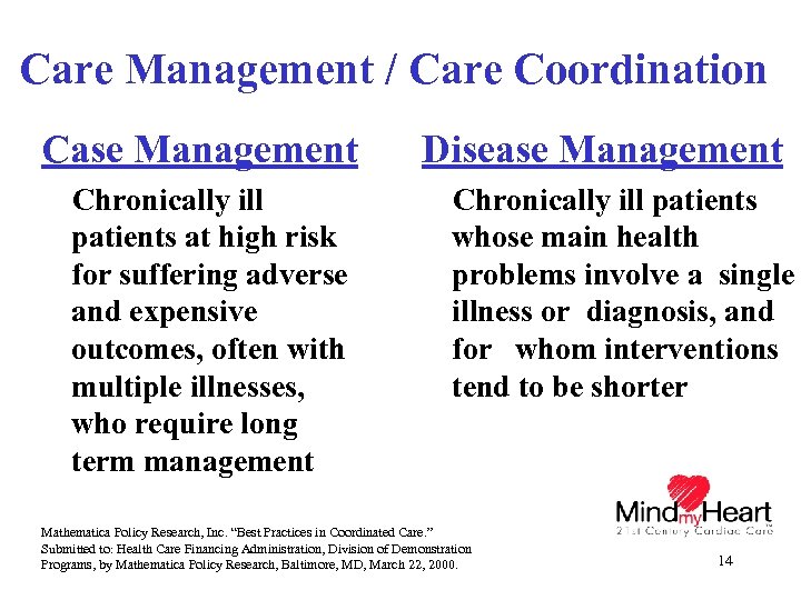 Care Management / Care Coordination Case Management Chronically ill patients at high risk for