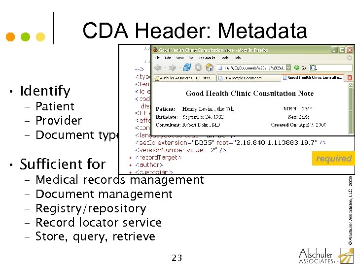 CDA Header: Metadata • Identify – Patient – Provider – Document type. . .