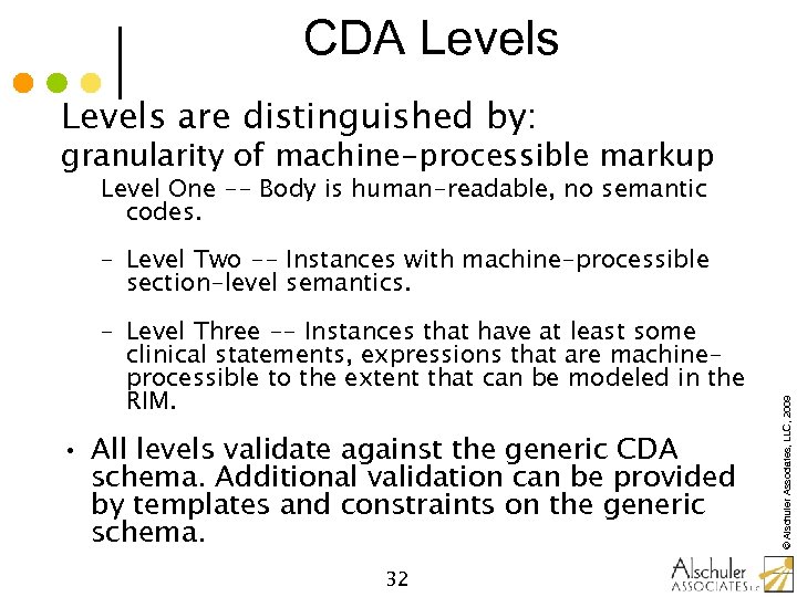 CDA Levels are distinguished by: granularity of machine-processible markup Level One -- Body is