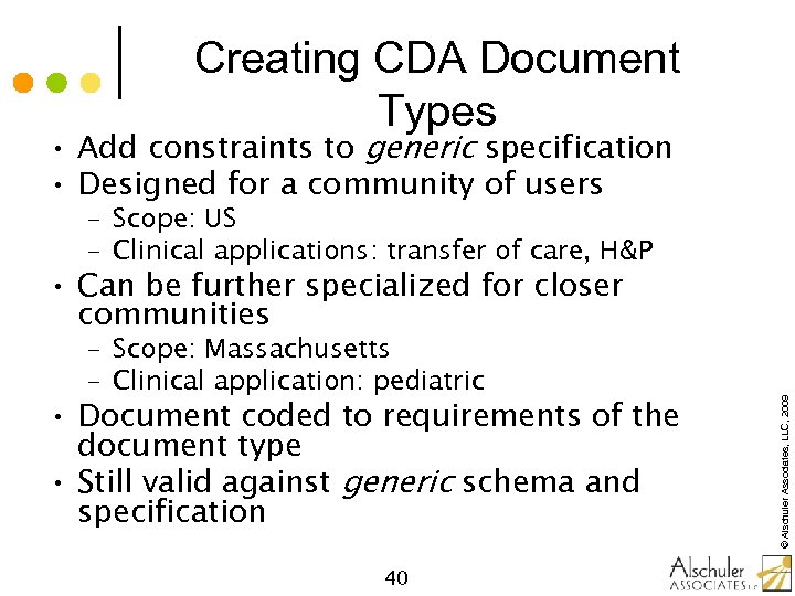 Creating CDA Document Types • Add constraints to generic specification • Designed for a