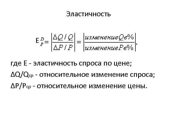 Эластичность Е где Е - эластичность спроса по цене; ΔQ/Qср - относительное изменение спроса;