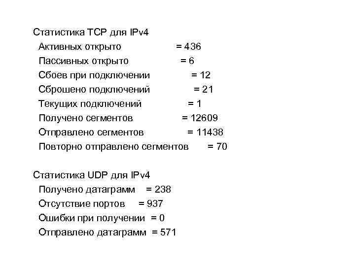 Статистика TCP для IPv 4 Активных открыто = 436 Пассивных открыто =6 Сбоев при