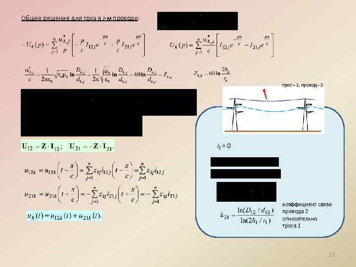 Общее решение для тока в j-м проводе: трос – 1, провод - 2 i