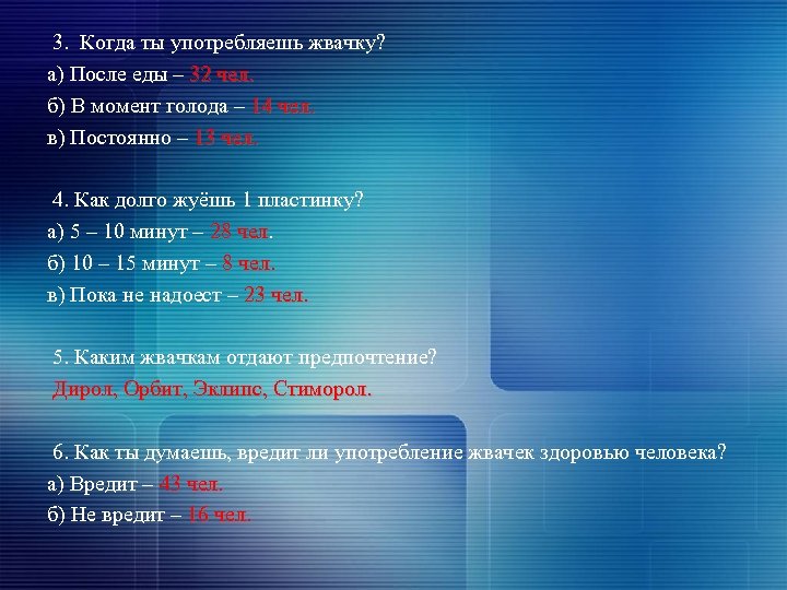  3. Когда ты употребляешь жвачку? а) После еды – 32 чел. б) В