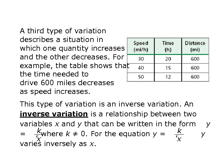 A third type of variation describes a situation in which one quantity increases and