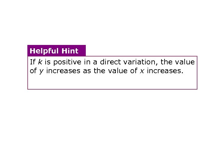 Helpful Hint If k is positive in a direct variation, the value of y
