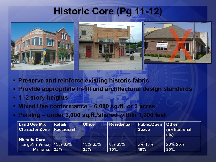 Historic Core (Pg 11 -12) § § § X Preserve and reinforce existing historic