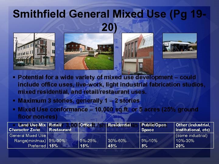 Smithfield General Mixed Use (Pg 1920) § Potential for a wide variety of mixed