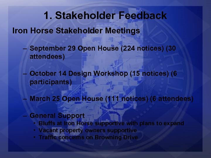 1. Stakeholder Feedback Iron Horse Stakeholder Meetings – September 29 Open House (224 notices)