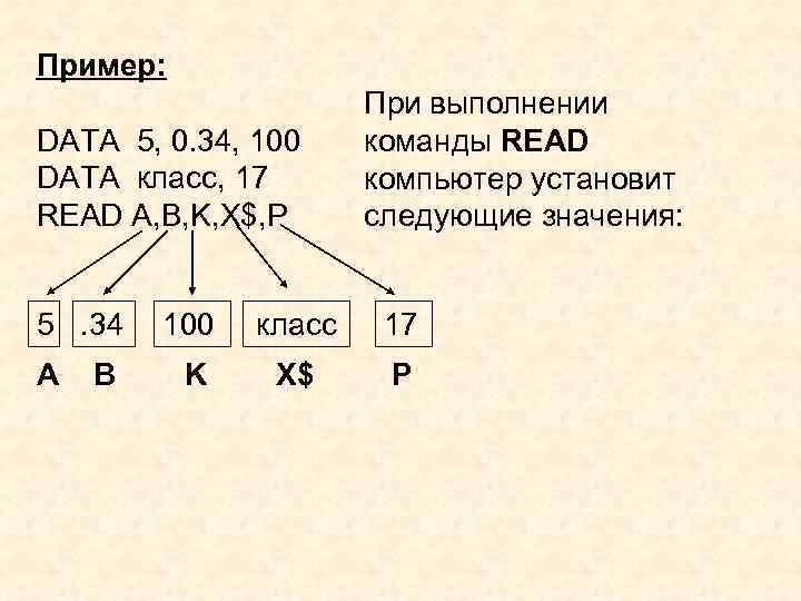 Пример: DATA 5, 0. 34, 100 DATA класс, 17 READ A, B, K, X$,