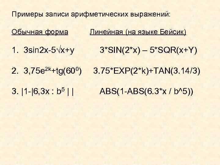 Примеры записи арифметических выражений: Обычная форма 1. 3 sin 2 x-5 x+y 2. 3,