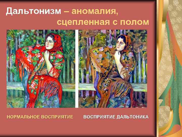 Дальтонизм – аномалия, сцепленная с полом НОРМАЛЬНОЕ ВОСПРИЯТИЕ ДАЛЬТОНИКА 