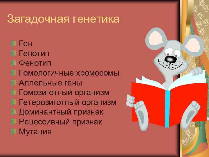 Загадочная генетика Генотип Фенотип Гомологичные хромосомы Аллельные гены Гомозиготный организм Гетерозиготный организм Доминантный признак