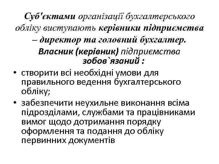 Суб'єктами організації бухгалтерського обліку виступають керівники підприємства – директор та головний бухгалтер. Власник (керівник)