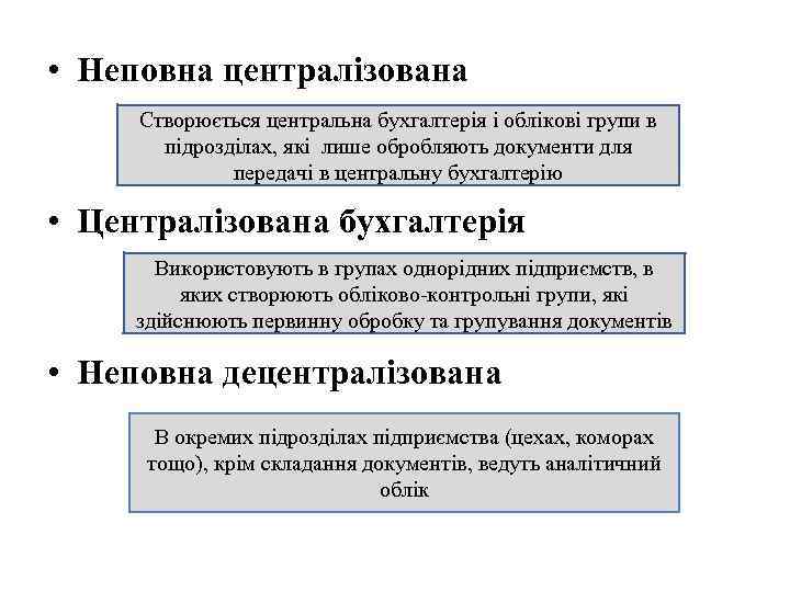  • Неповна централізована Створюється центральна бухгалтерія і облікові групи в підрозділах, які лише