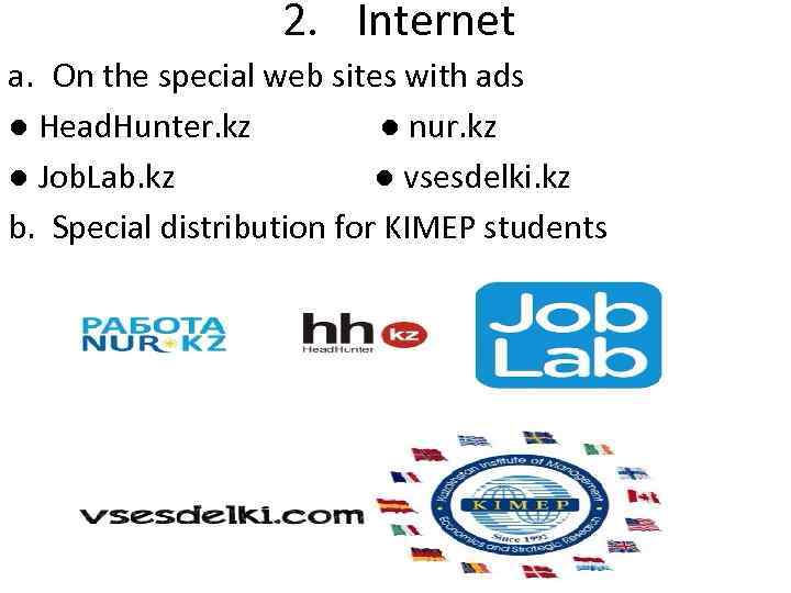 2. Internet a. On the special web sites with ads ● Head. Hunter. kz