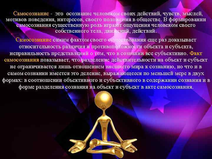  Самосознание - это осознание человеком своих действий, чувств, мыслей, мотивов поведения, интересов, своего