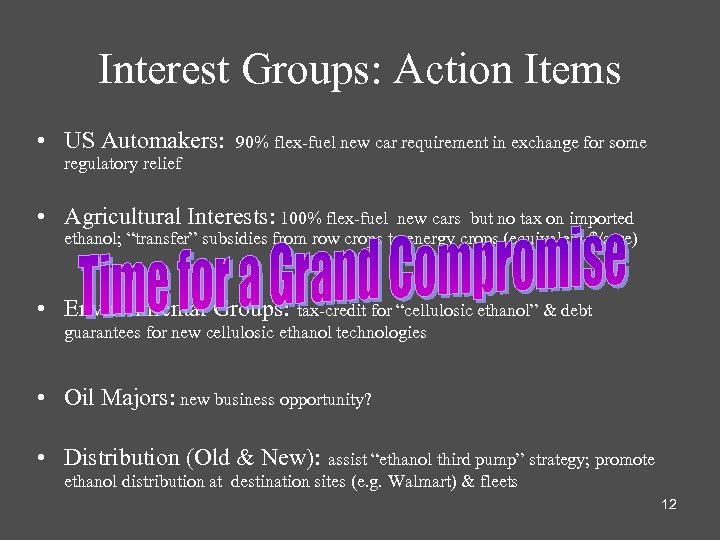 Interest Groups: Action Items • US Automakers: 90% flex-fuel new car requirement in exchange