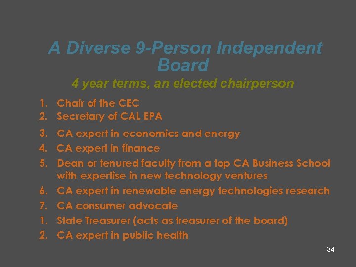 A Diverse 9 -Person Independent Board 4 year terms, an elected chairperson 1. Chair
