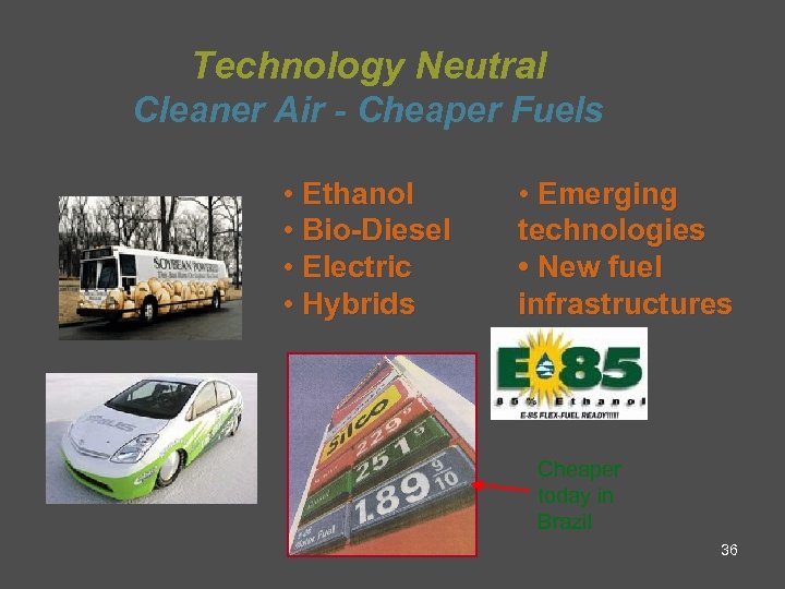 Technology Neutral Cleaner Air - Cheaper Fuels • Ethanol • Bio-Diesel • Electric •