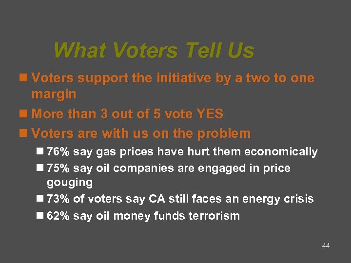 What Voters Tell Us n Voters support the initiative by a two to one