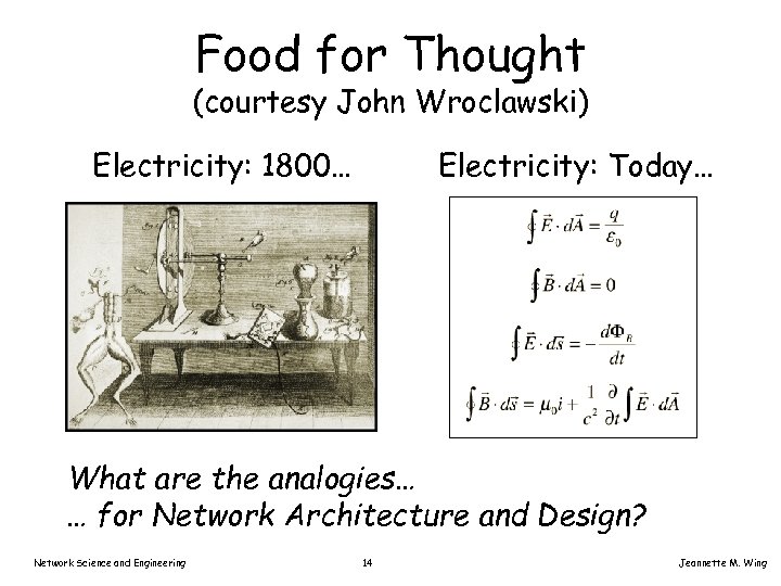 Food for Thought (courtesy John Wroclawski) Electricity: 1800… Electricity: Today… What are the analogies…