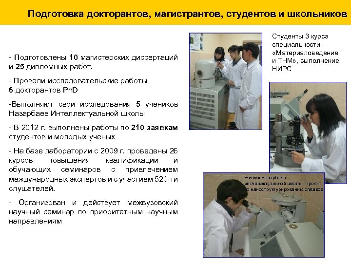 Подготовка докторантов, магистрантов, студентов и школьников - Подготовлены 10 магистерских диссертаций и 25 дипломных