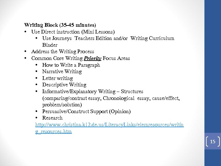 Writing Block (35 -45 minutes) • Use Direct instruction (Mini Lessons) • Use Journeys