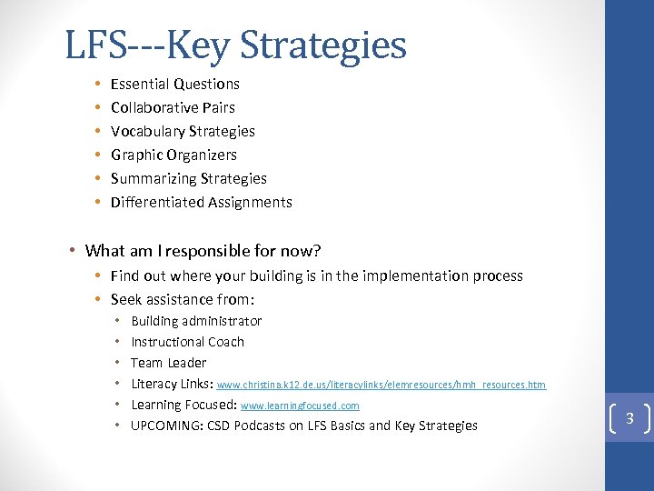 LFS---Key Strategies • • • Essential Questions Collaborative Pairs Vocabulary Strategies Graphic Organizers Summarizing