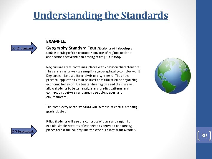 Understanding the Standards K-12 Standard EXAMPLE: Geography Standard Four: Students will develop an understanding