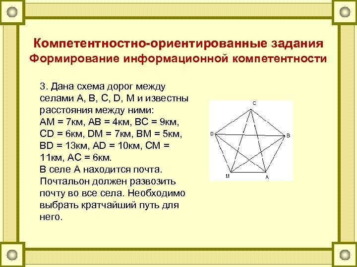 Компетентностно-ориентированные задания Формирование информационной компетентности 3. Дана схема дорог между селами A, B, C,