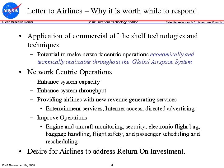 Letter to Airlines – Why it is worth while to respond Glenn Research Center