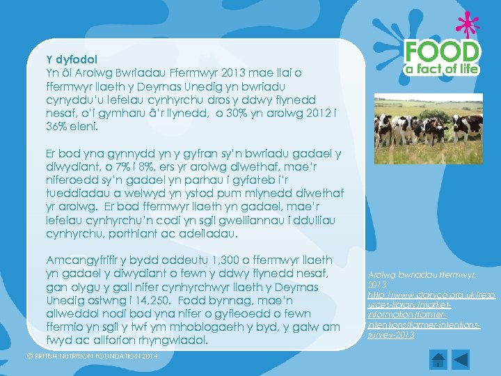 Y dyfodol Yn ôl Arolwg Bwriadau Ffermwyr 2013 mae llai o ffermwyr llaeth y