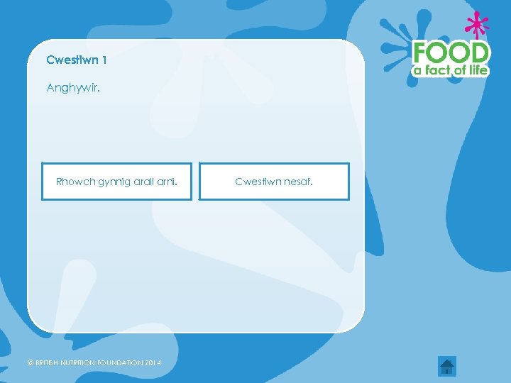Cwestiwn 1 Anghywir. Rhowch gynnig arall arni. © BRITISH NUTRITION FOUNDATION 2014 Cwestiwn nesaf.