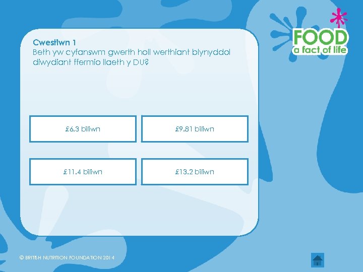 Cwestiwn 1 Beth yw cyfanswm gwerth holl werthiant blynyddol diwydiant ffermio llaeth y DU?